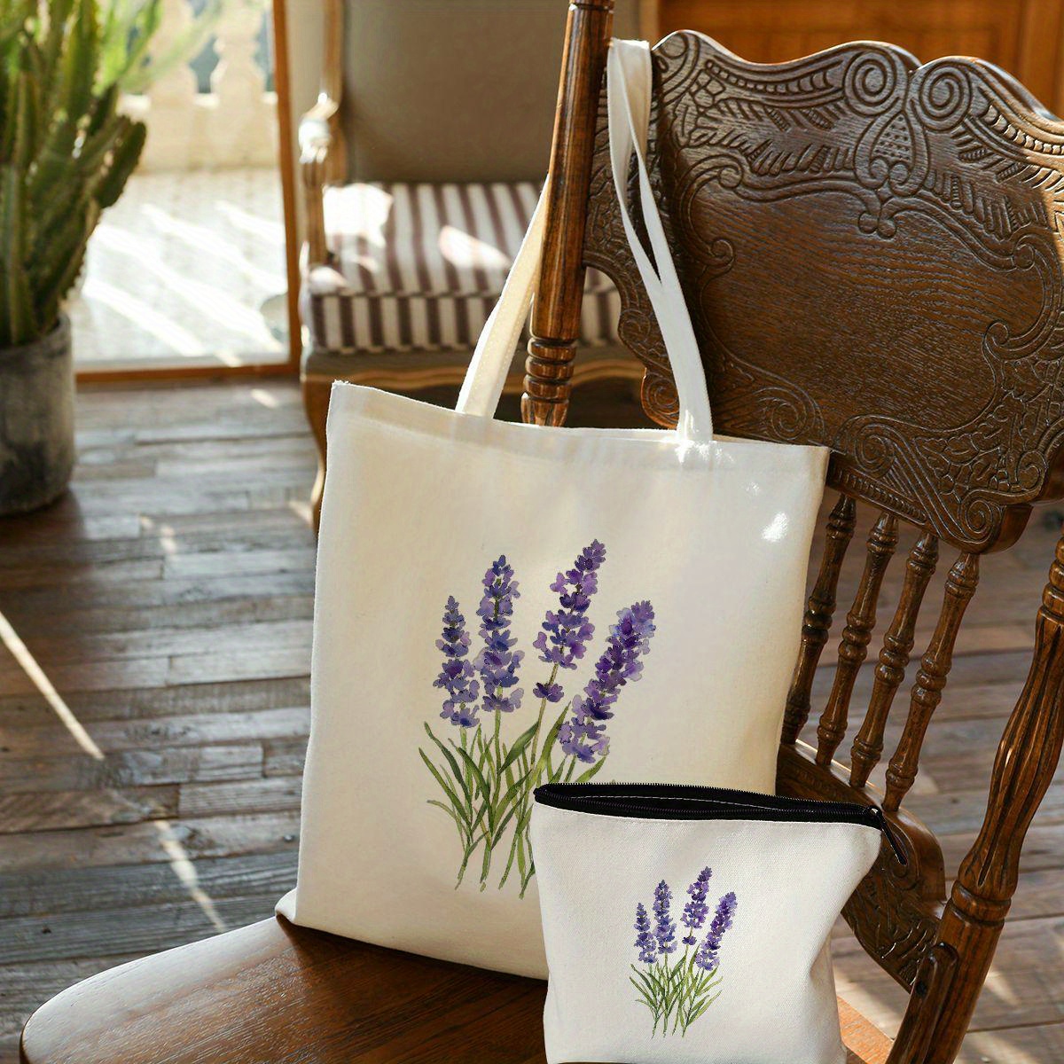 

2 Pcs Purple Lavender Pattern Canvas Tote Bag Set, Grocery Bags With Makeup Bag Women Canvas Shopping Bag