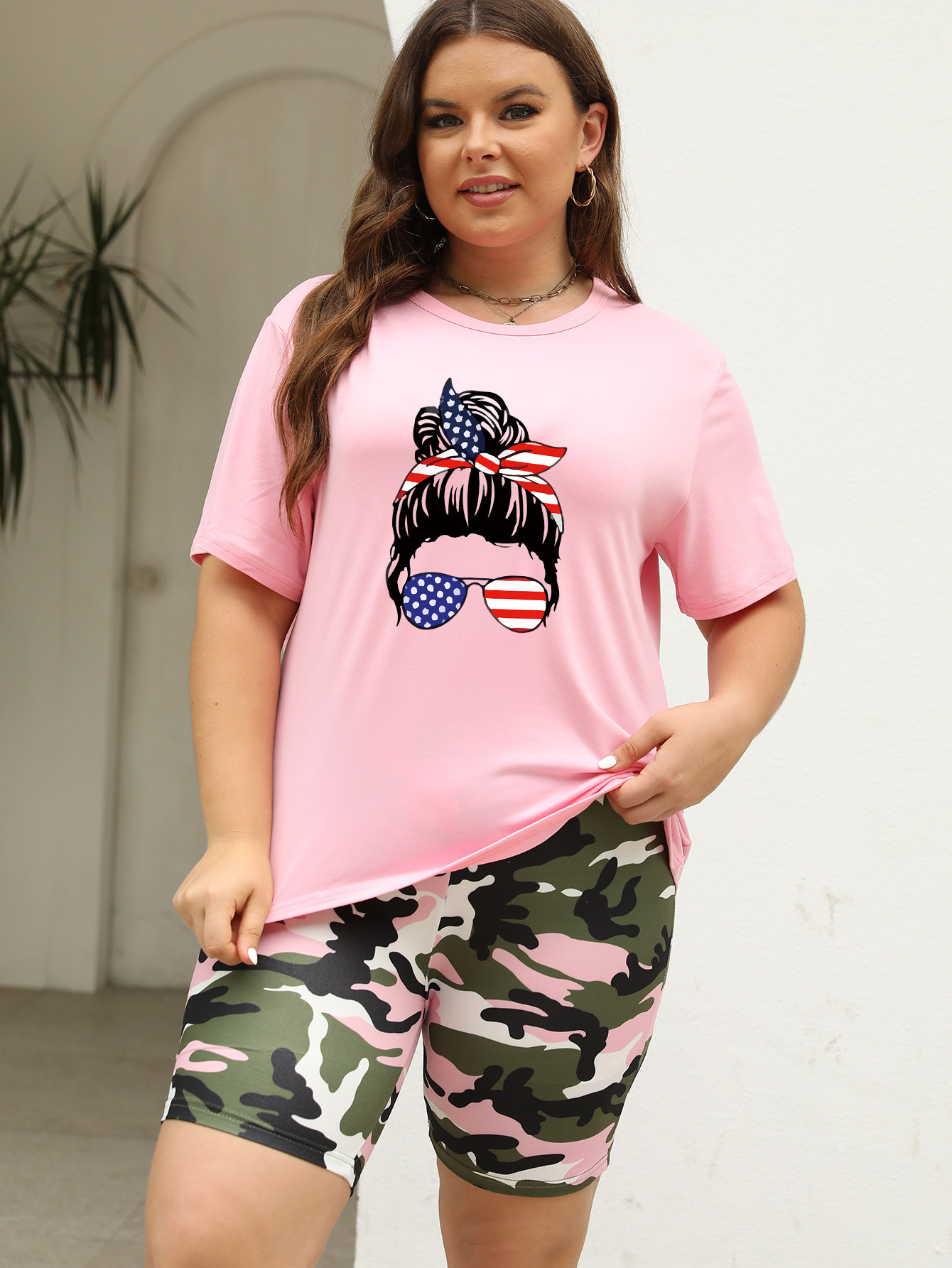 women's plus size sporty graphic t shirt camo bermuda shorts