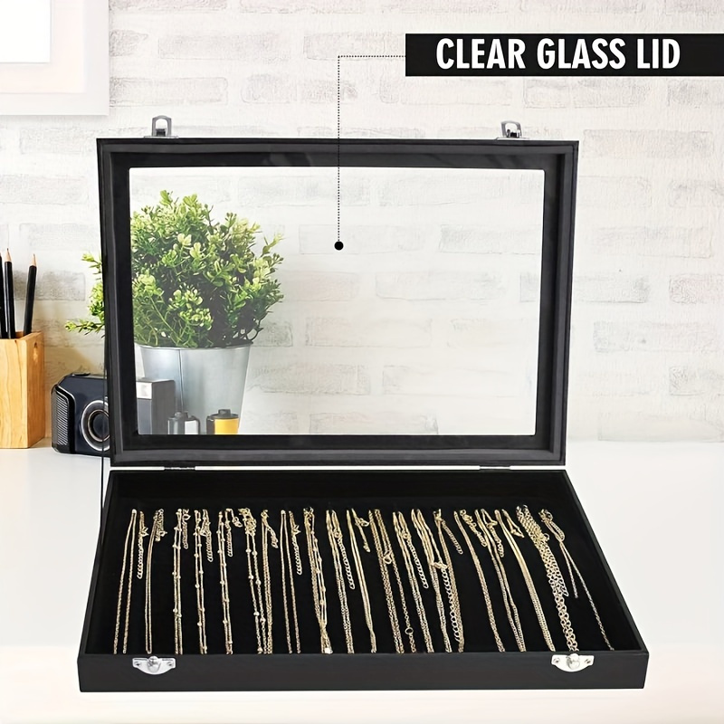 

Glass Lid Velvet Lined Necklace Storage Tray, 20 Hooks Jewelry Display Box, Dustproof Pendant Organizer With Metal Clasp, Large Capacity No Power Required Jewelry Packaging Supplies - 1pc