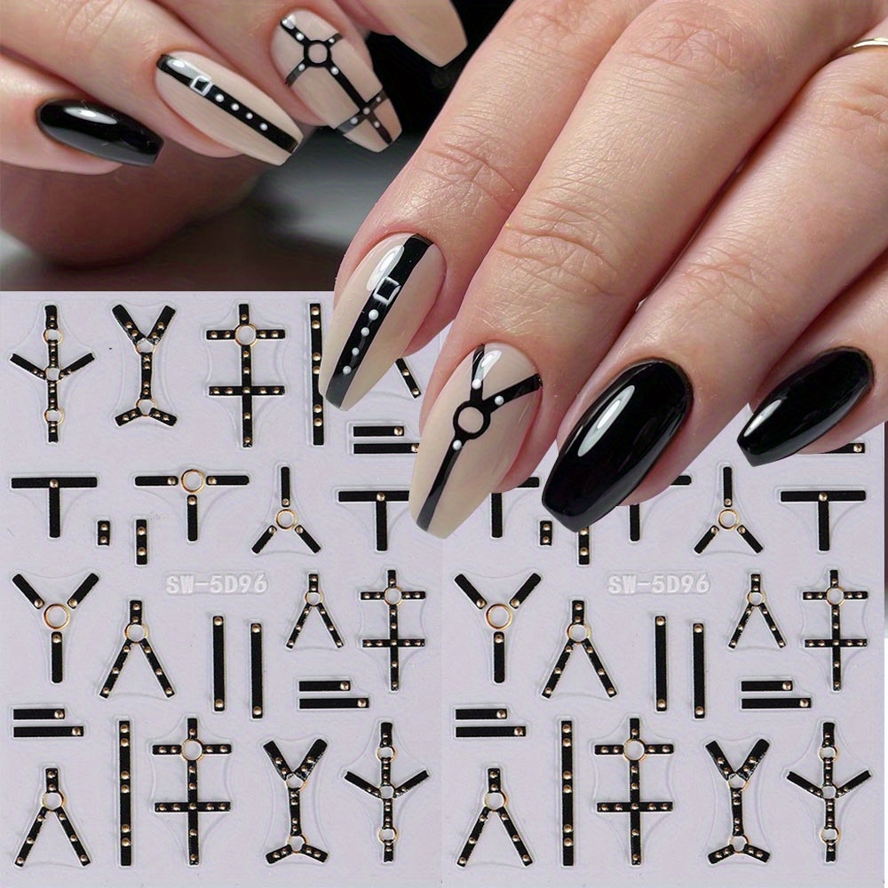 

2 Sheets Gothic Style 3d Nail Art Stickers, Black And Gold Adhesive Nail Decals, Diy Plastic Manicure Decorations For Stylish Fingernail Design