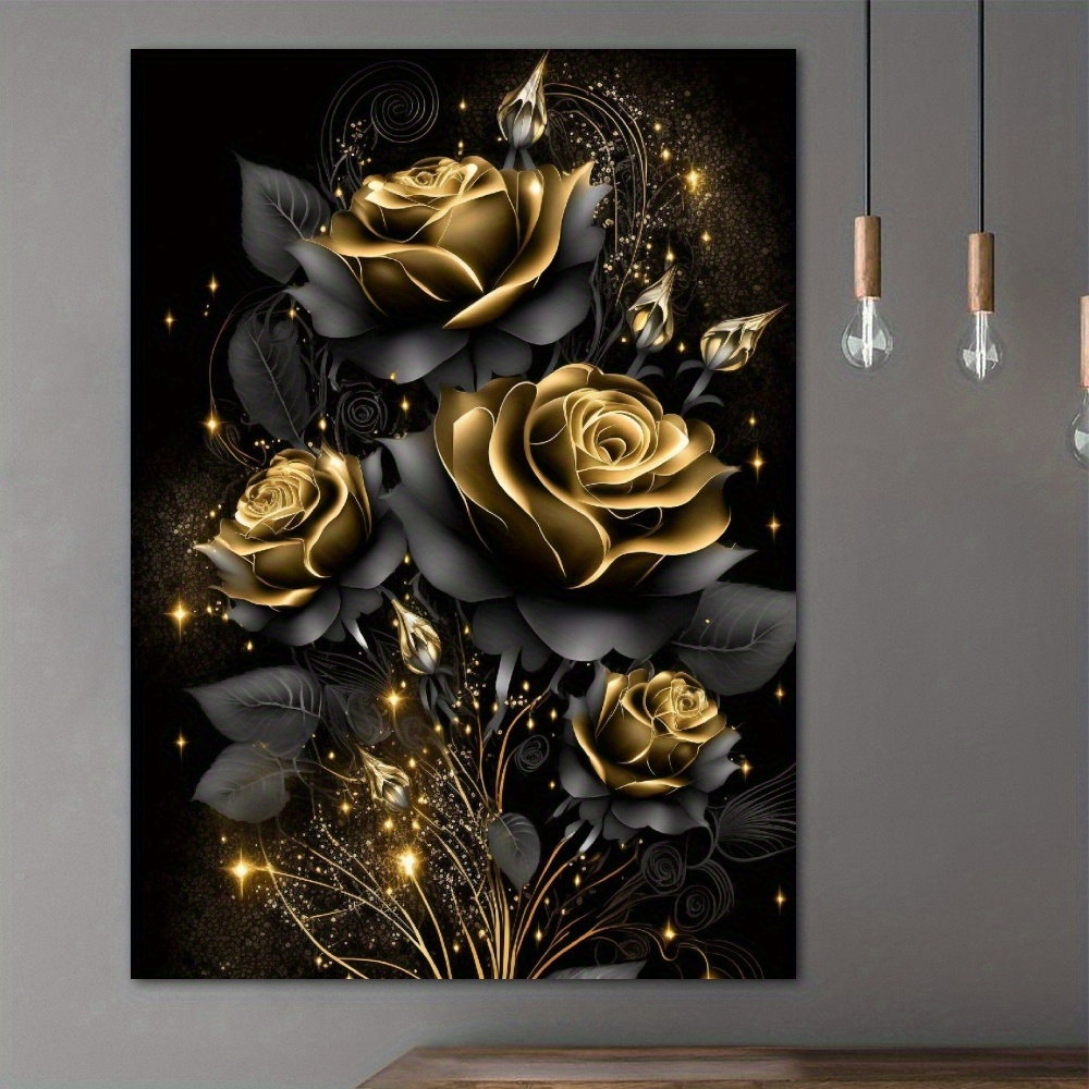 

Elegant Black & Golden Rose Canvas Wall Art - High-quality Print For Living Room, Bedroom, Office, Or Cafe Decor - Perfect Gift Idea