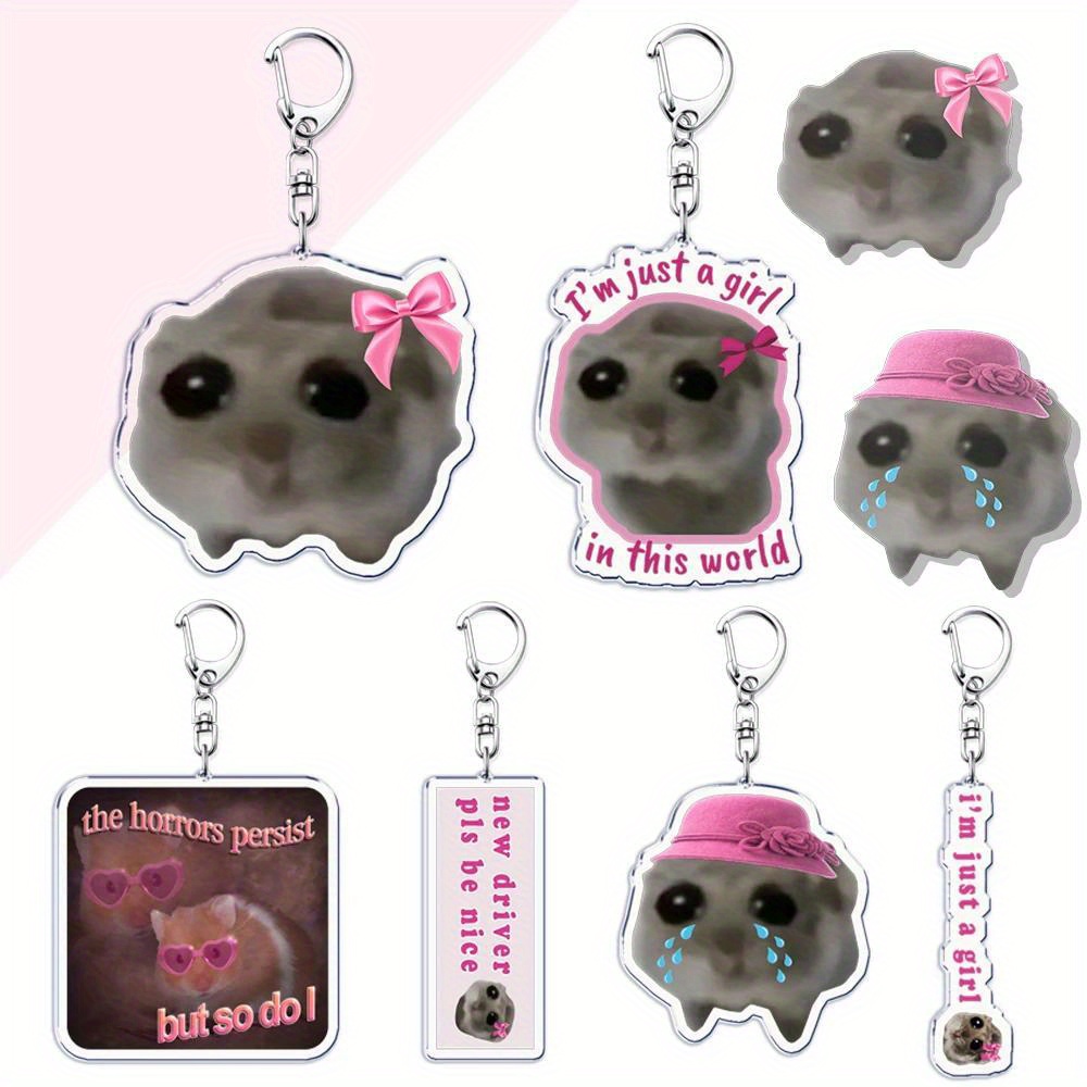 

Cartoon Sad Hamster Acrylic Keychain - 1pc Unique Animal Themed Key Ring With Carabiner Clip, Decorative Meme-inspired Keyring Pendant For Bags, Birthday Gift For Meme Fans