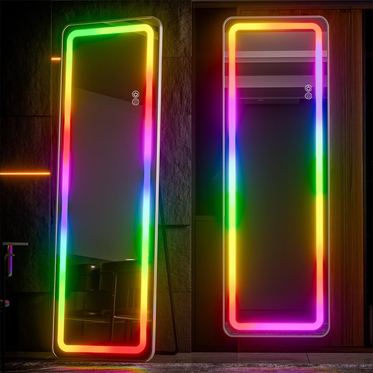 

Rgb Full Length Mirror, 63"x20" Full Body Mirror With Led Lights, Dimming & 7 Color Changing Lighting, Wall Mounted Hanging Mirror With Stand Free Standing Floor Mirror For Bedroom