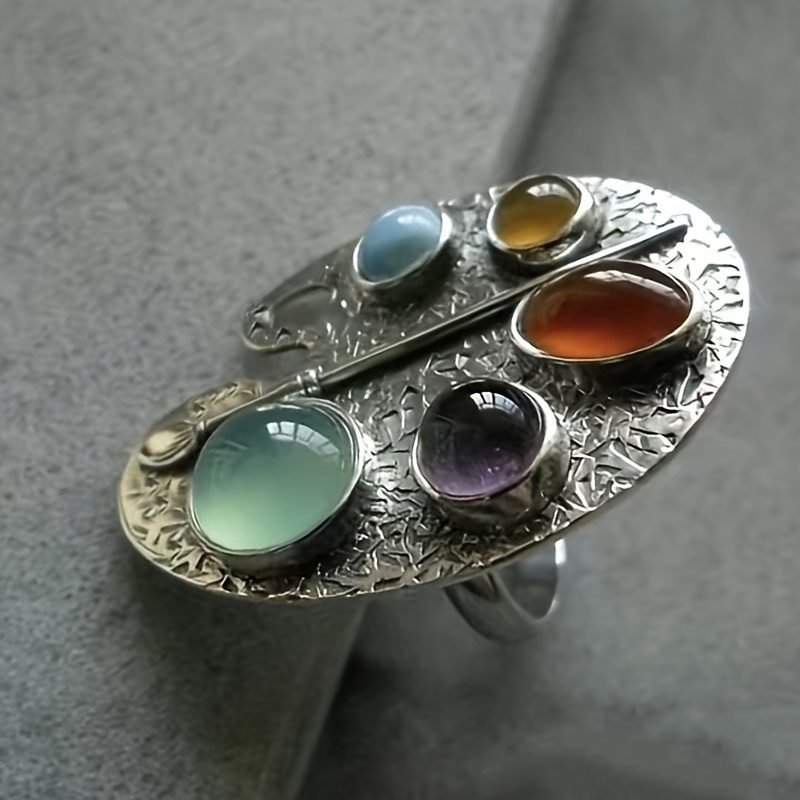 

Vintage Palette Carved Irregular Shape Design Ring Inlaid Colorful Synthetic Gemstones Suitable For Women Engagement Wedding Open Ring