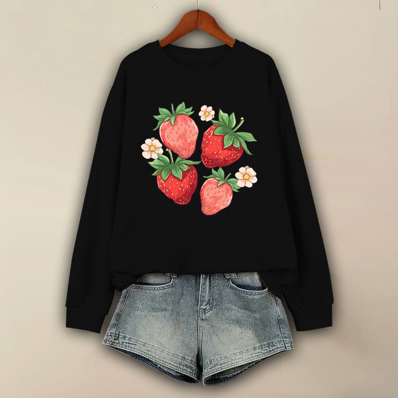 

Strawberry Print Pullover Sweatshirt, Casual Long Sleeve Crew Neck Sweatshirt For Fall & Winter, Women's Clothing