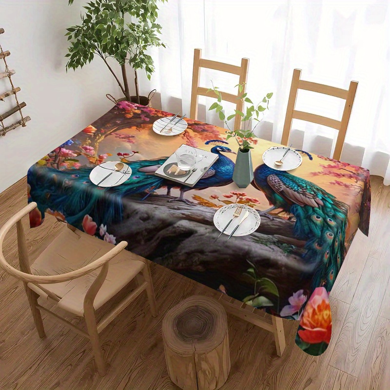 

Peacock Print Tablecloth - Square Polyester Table Cover - Machine-woven, Water-resistant & Stain-proof For Home Kitchen, Dining, Party, Holiday Decor, Wedding & Banquet - Elegant Animal Theme Design