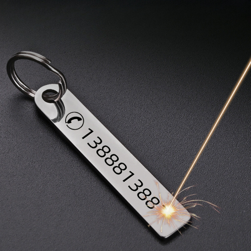 

Custom Engraved Keychain With Personalized Text, Name, And Phone Number, Stainless Steel, Rectangular Tag With Heart Detail, Couples Gift, Emergency Contact Key Ring