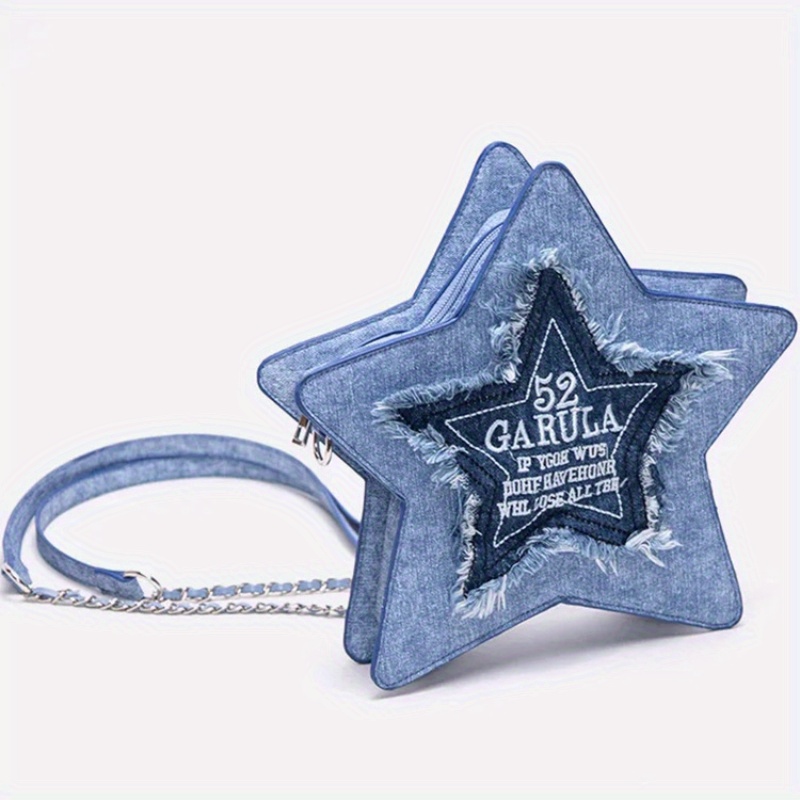 fashionable denim blue pentagram casual backpack details 0