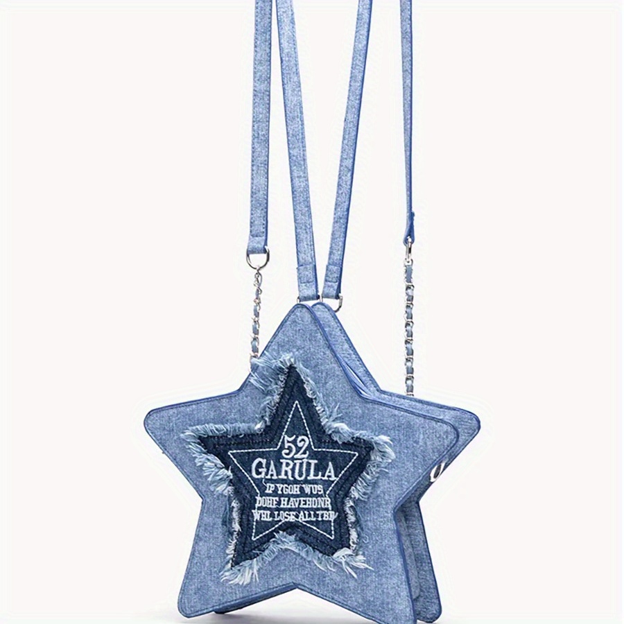 fashionable denim blue pentagram casual backpack details 6