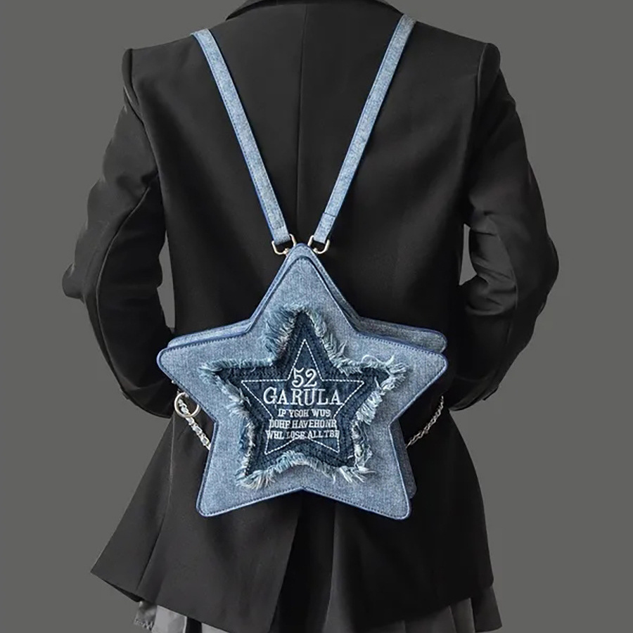 fashionable denim blue pentagram casual backpack details 11