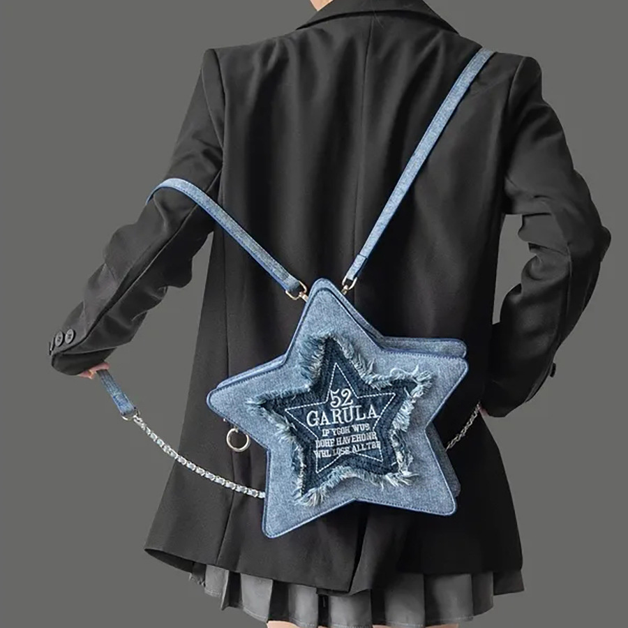 fashionable denim blue pentagram casual backpack details 12