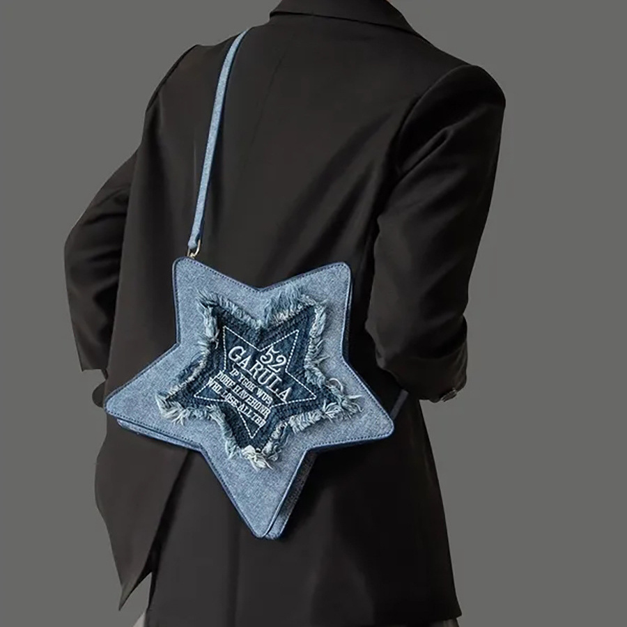 fashionable denim blue pentagram casual backpack details 10