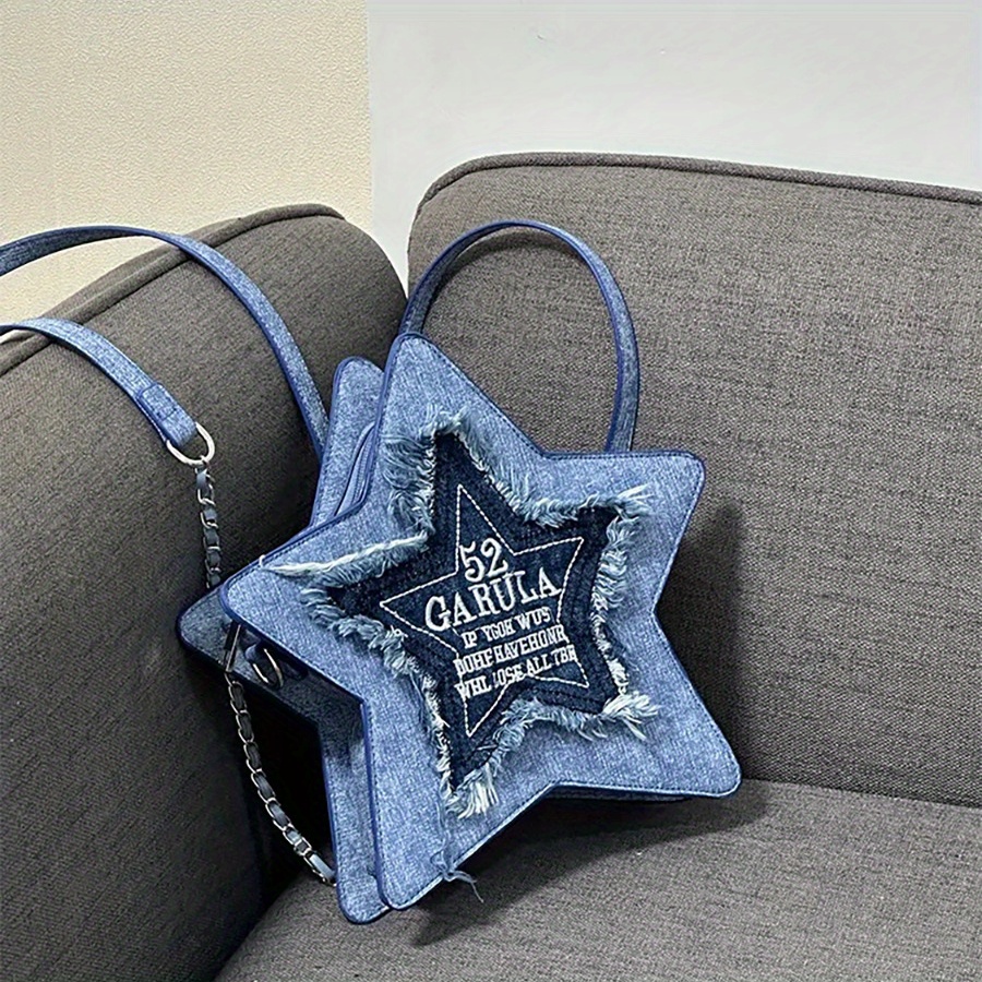 fashionable denim blue pentagram casual backpack details 13