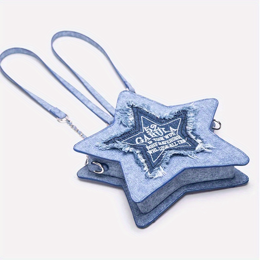 fashionable denim blue pentagram casual backpack details 3