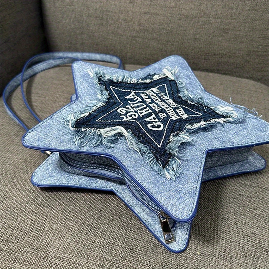 fashionable denim blue pentagram casual backpack details 14