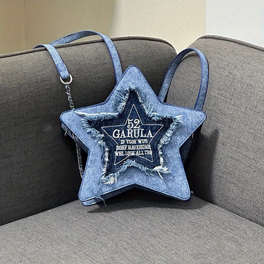 fashionable denim blue pentagram casual backpack details 15