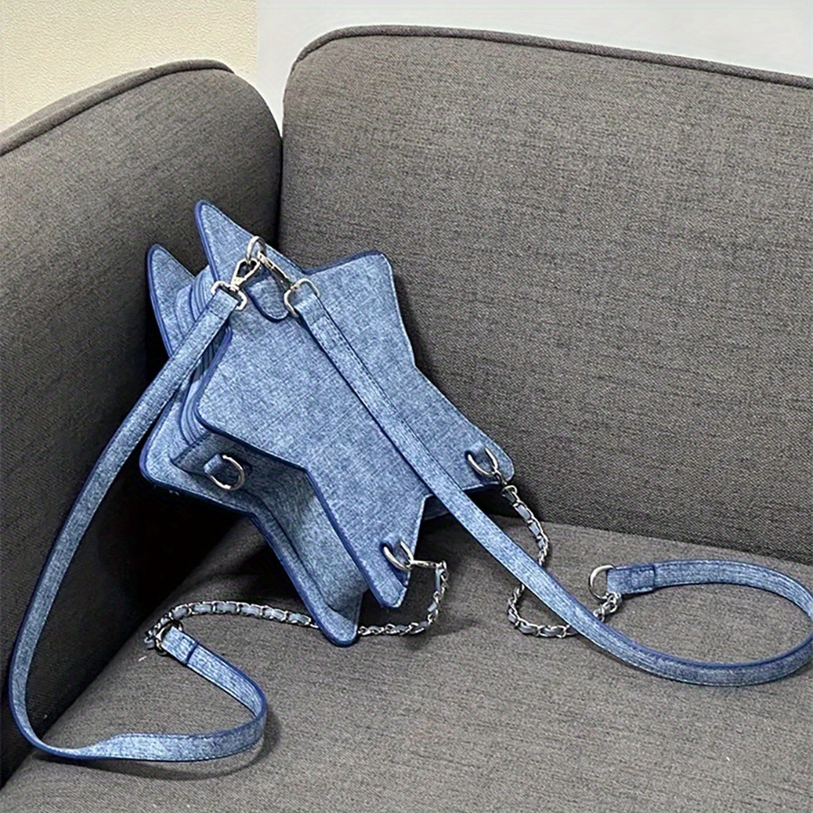fashionable denim blue pentagram casual backpack details 16