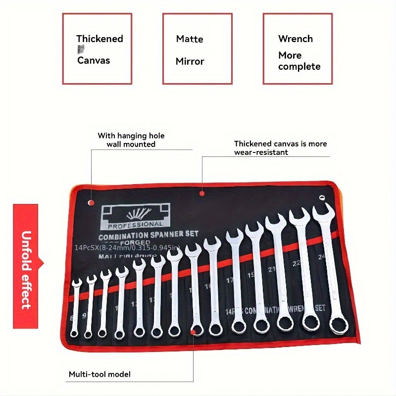 

1 Combination Wrench Set, Including 8-17mm, 19mm, 21mm, 22mm, 24mm Double Open And Ring Wrenches - Matte Non-slip, With Wall Mounting Holes And Canvas Roll Bag