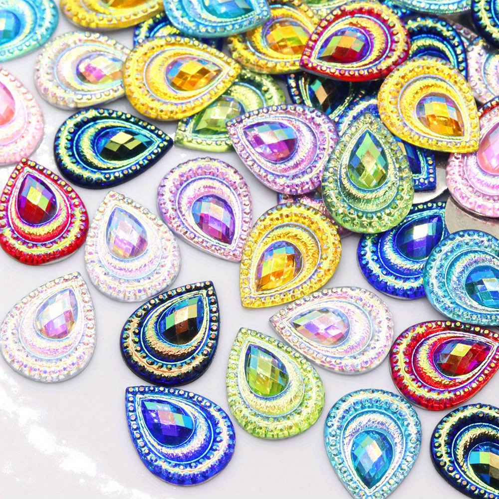 

25 Pcs 1.3cm X 1.8cm Ab Color Drop Peacock Eye Flatback Resin Rhinestone Appliques - Perfect For Party Decorations And Diy Crafts