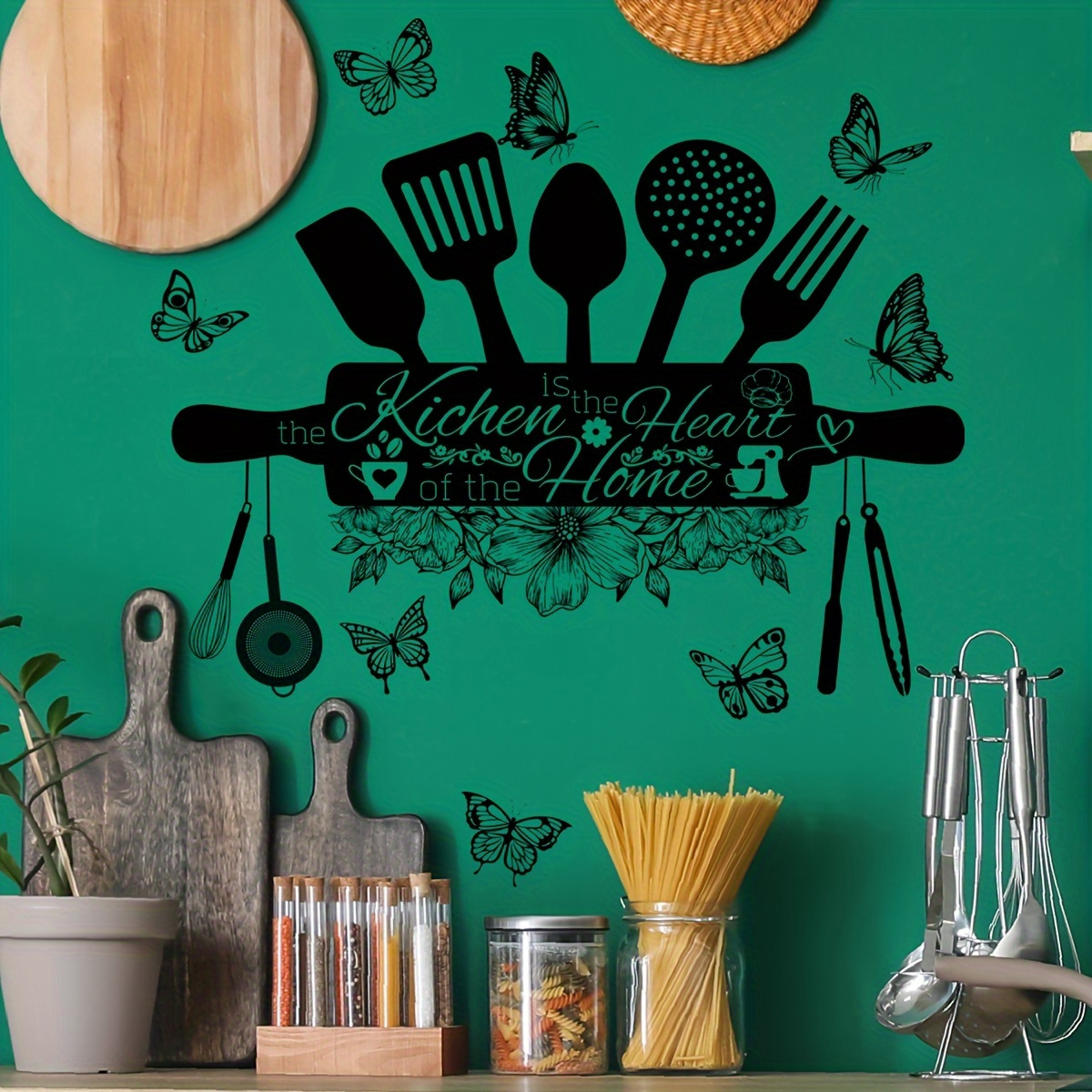 

Kitchen Utensils Wall Decal With Inspirational Quote - Black And White Design With Butterfly Accents - Removable Self-adhesive Wall Sticker - Kitchen Decor