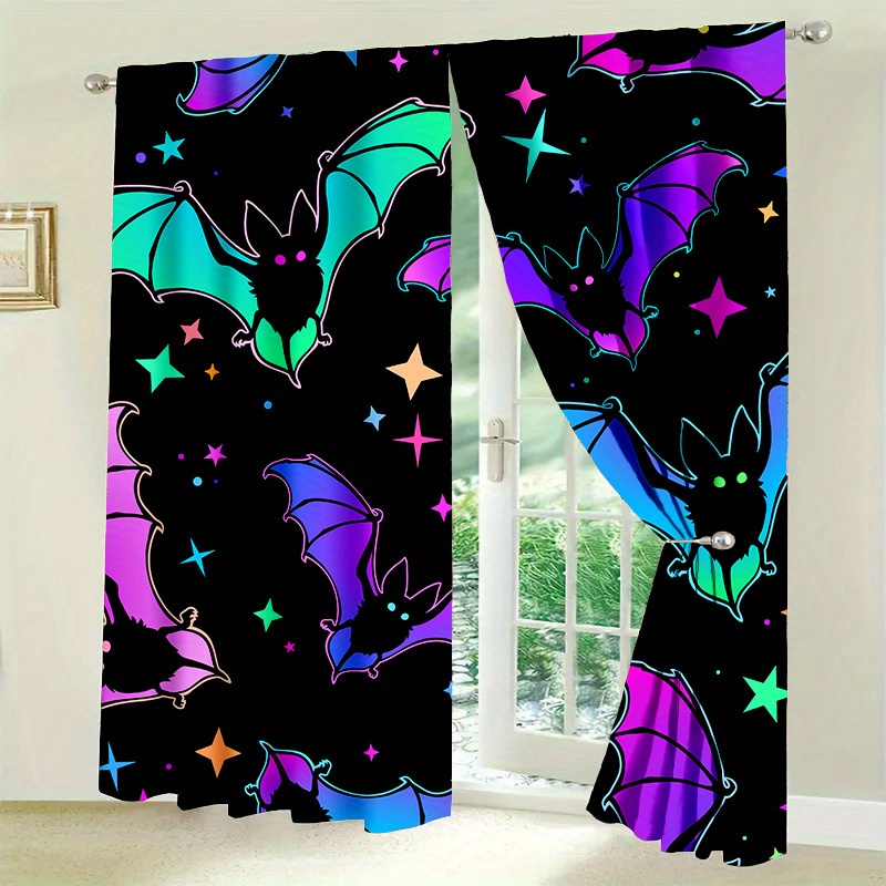 

2pcs Satin Polyester Doorway Curtains With Tie Backs, Fashion Art Deco Style With Ghost Bat Pattern, Machine Washable Unlined Landscape Theme For Bedroom, All-season Floral Design - (jit)