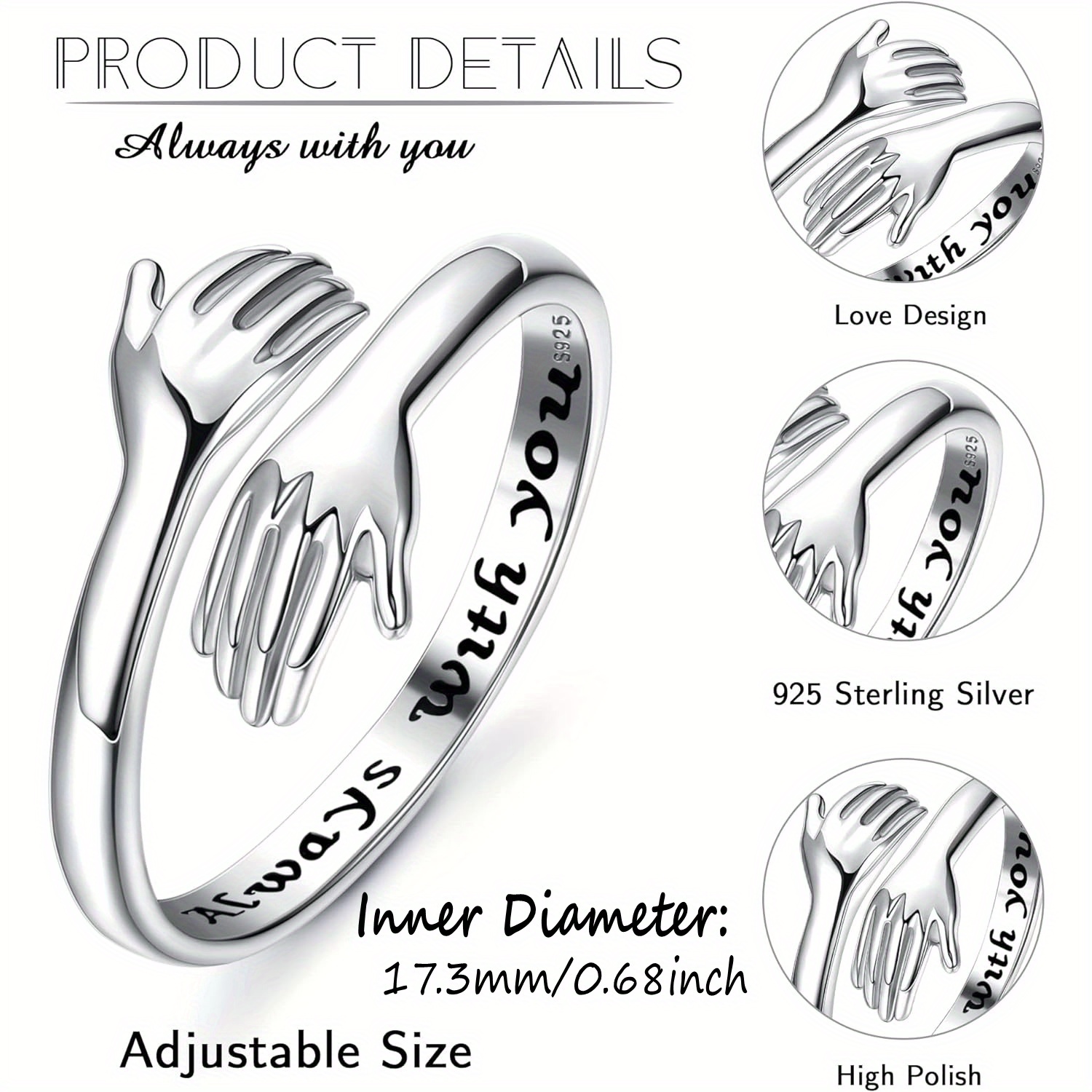 Women's Adjustable 925 Sterling Silver Hug Ring, Friendship Gift