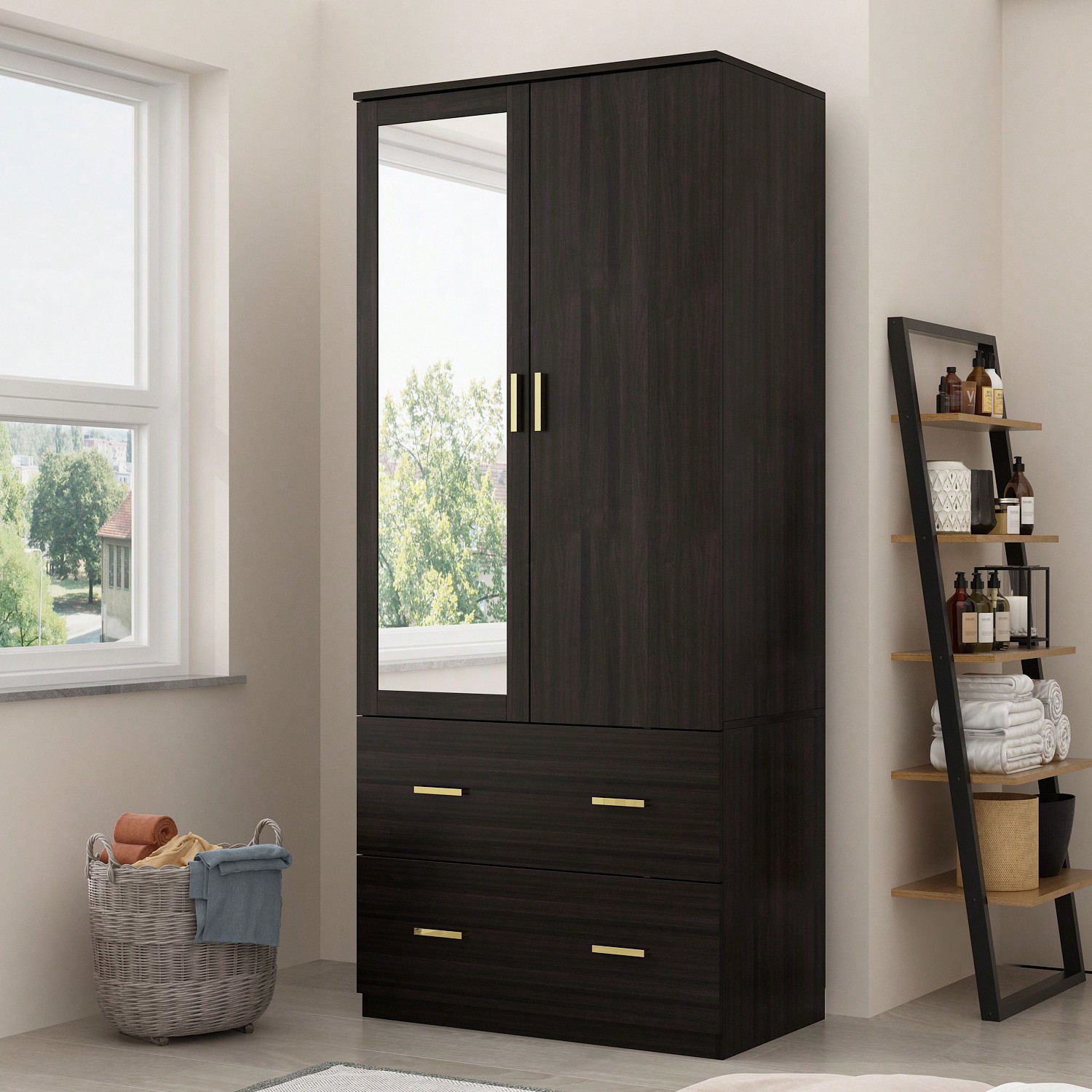 

2-door Wardrobe Armoire With Drawers, Mirror And Clothing Rod For Bedroom White