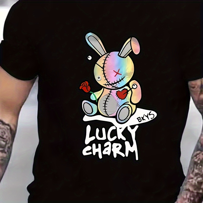 

Men's Lucky Charm Bunny Doll Print Round Neck Short Sleeve T-shirt, Casual Fashion Rabbit Rose Flower Graphic Tee Loungewear Pajamas Top For Summer