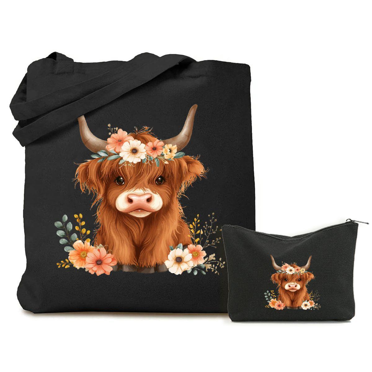 

2 Pcs Highland Cow With Spring Flowers Print Canvas Tote Bag Set, Fashion Travel Shoulder Bag With Makeup Bag, Lightweight Shopping Bag