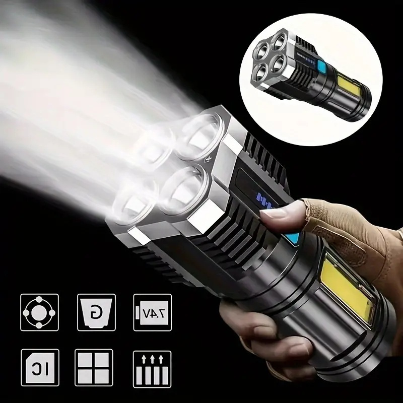 

Ultra-bright Led Flashlight With 4 Modes & Cob Side Light - Rechargeable, Portable Camping Torch With Usb Cable