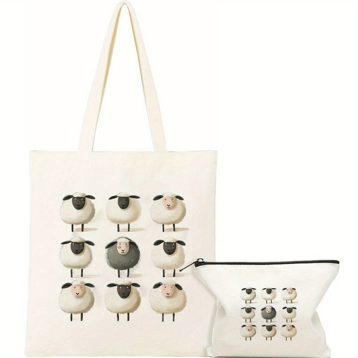 

2 Pcs Sheep Pattern Tote Bag Set, Fashion Travel Shoulder Bag With Makeup Bag, Lightweight Shopping Bag
