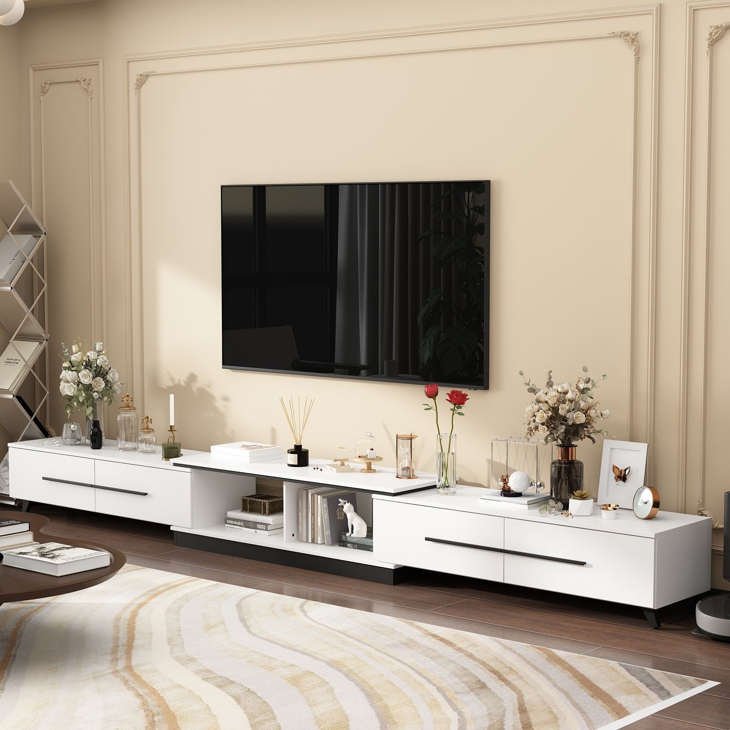 

Modern Cabinet Media Console, Adjustable Length, Contemporary Entertainment Center With Drawers And Legs, For Living Room (95"-136.2"w X 15.2"d X 13.1"h)