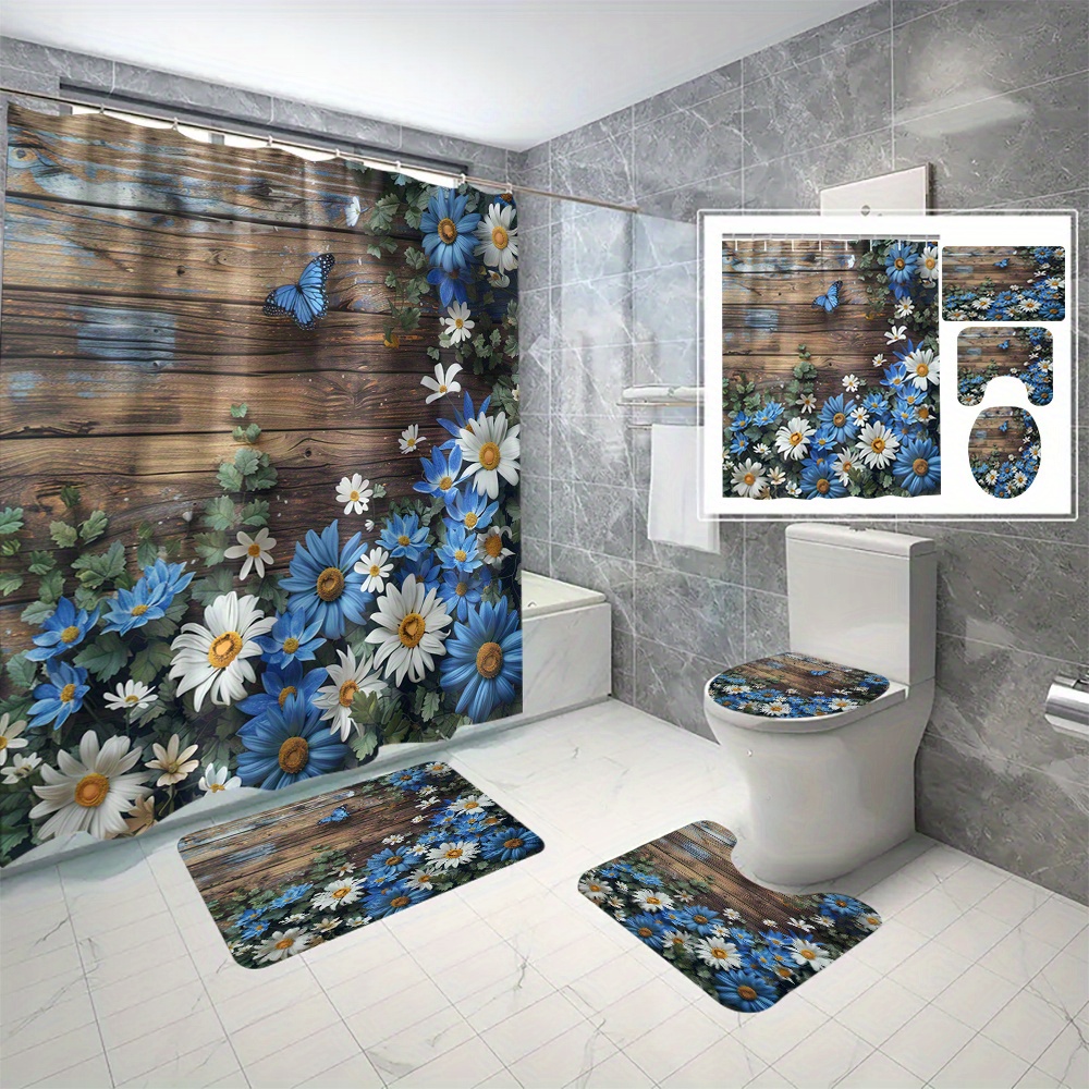 

4 Pieces 3d Printed Waterproof Shower Curtain Set With Hooks - Floral Design, Cartoon Pattern, Seasonal Use, Machine Washable, Polyester Material, Suede Finish