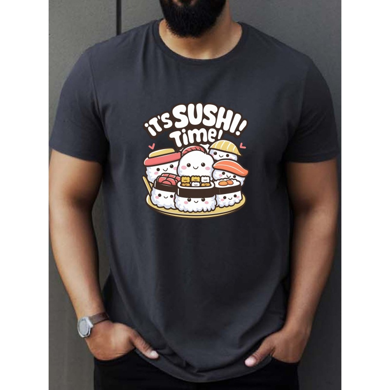 

Cute It's Sushi Time Wrinkle Print Tee Shirt, Tees For Men, Casual Short Sleeve T-shirt For Summer