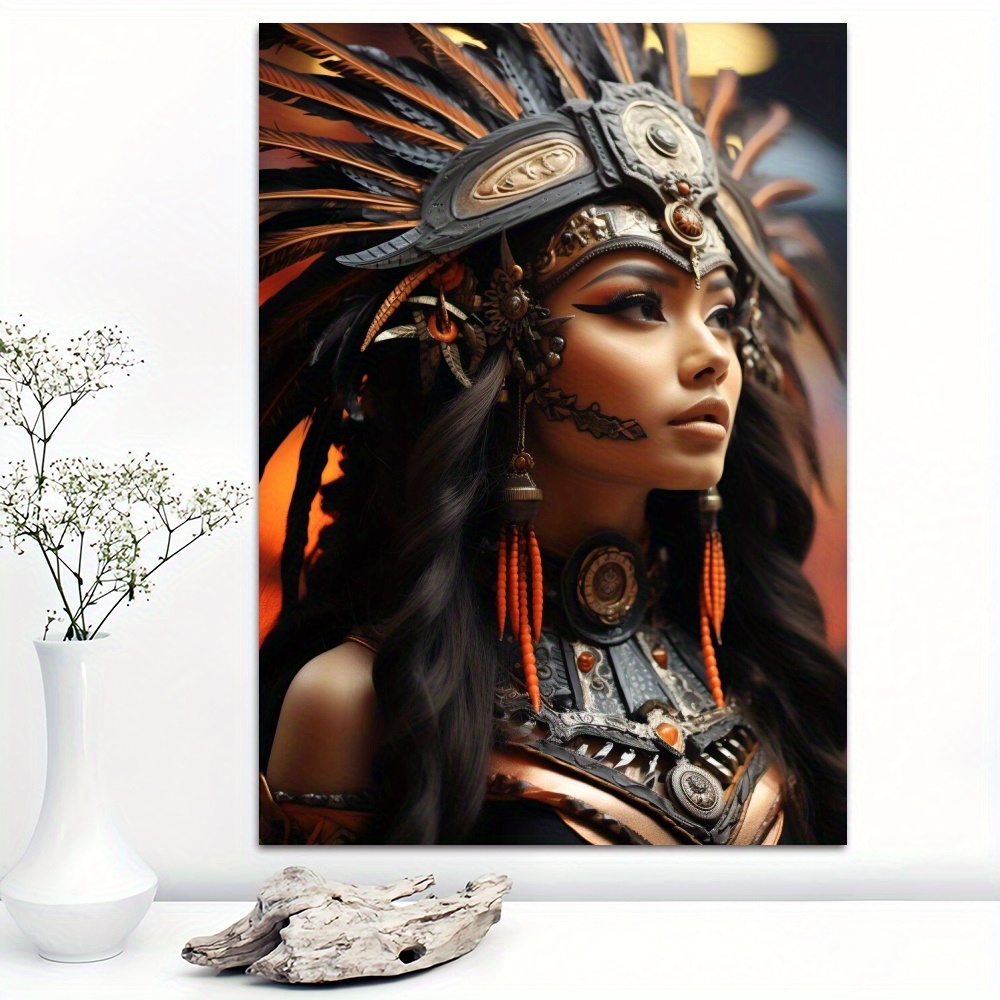 

1pc Exotic Feathered Headdress And Earrings Canvas Print Wall Art, High-quality Decorative Poster For Home, Living Room, Bedroom, Office, Cafe - Elegant Tribal Lady Wall Decor Canvas, Ideal Gift