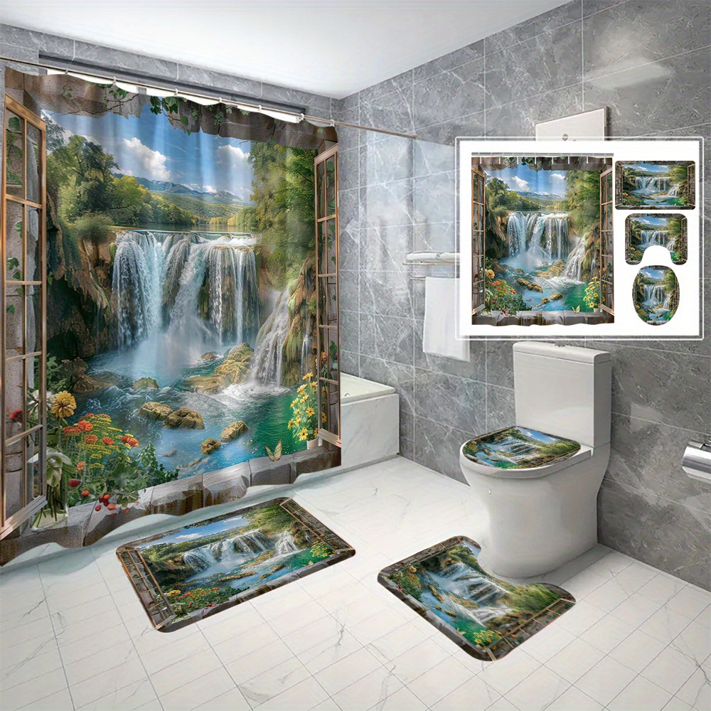 

Water-resistant Polyester Shower Curtain Set With Landscape Print - 4pcs Cartoon Waterfall Scenery Bath Curtain Set With C-type Hooks, Machine Washable, All-season Woven Accessory For Bathroom Decor