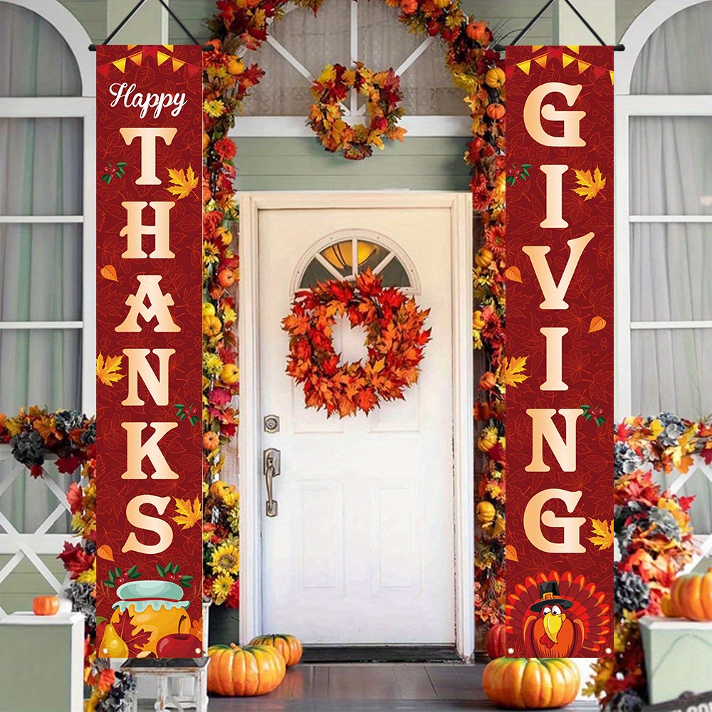 

Festive Thanksgiving Banners: 2 Polyester Fall Door Decorations With Leaf Patterns And Turkey Design - Perfect For Harvest Season And Thanksgiving Celebrations