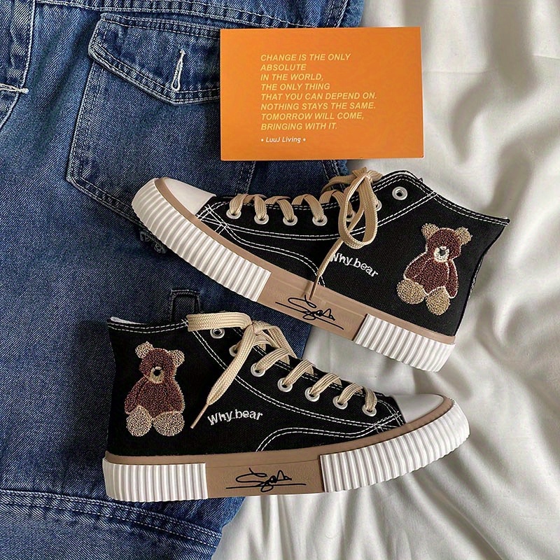 

Women's Cute Bear Pattern Canvas Shoes, Casual Lace Up Outdoor Shoes, Comfortable High Top Shoes