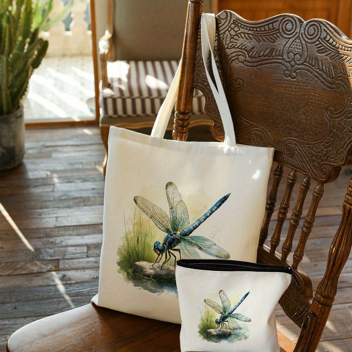 

2 Pcs Dragonfly Pattern Canvas Tote Bag Grocery Bags With Makeup Bag Women Canvas Shopping Bag