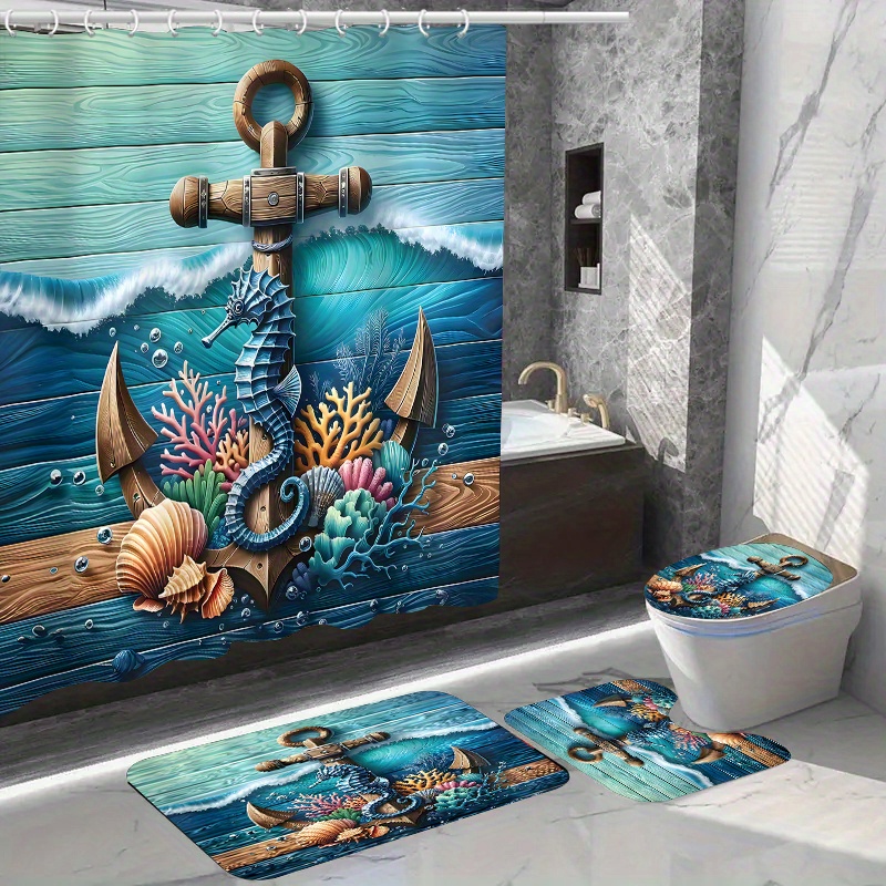 

Ocean Adventure Polyester Shower Curtain Set With Non-slip Rug, Toilet Lid Cover, And Bath Mat – Water-resistant, Woven Bathroom Decor With 12 Hooks – Marine-themed Accessory Set For Home Decoration
