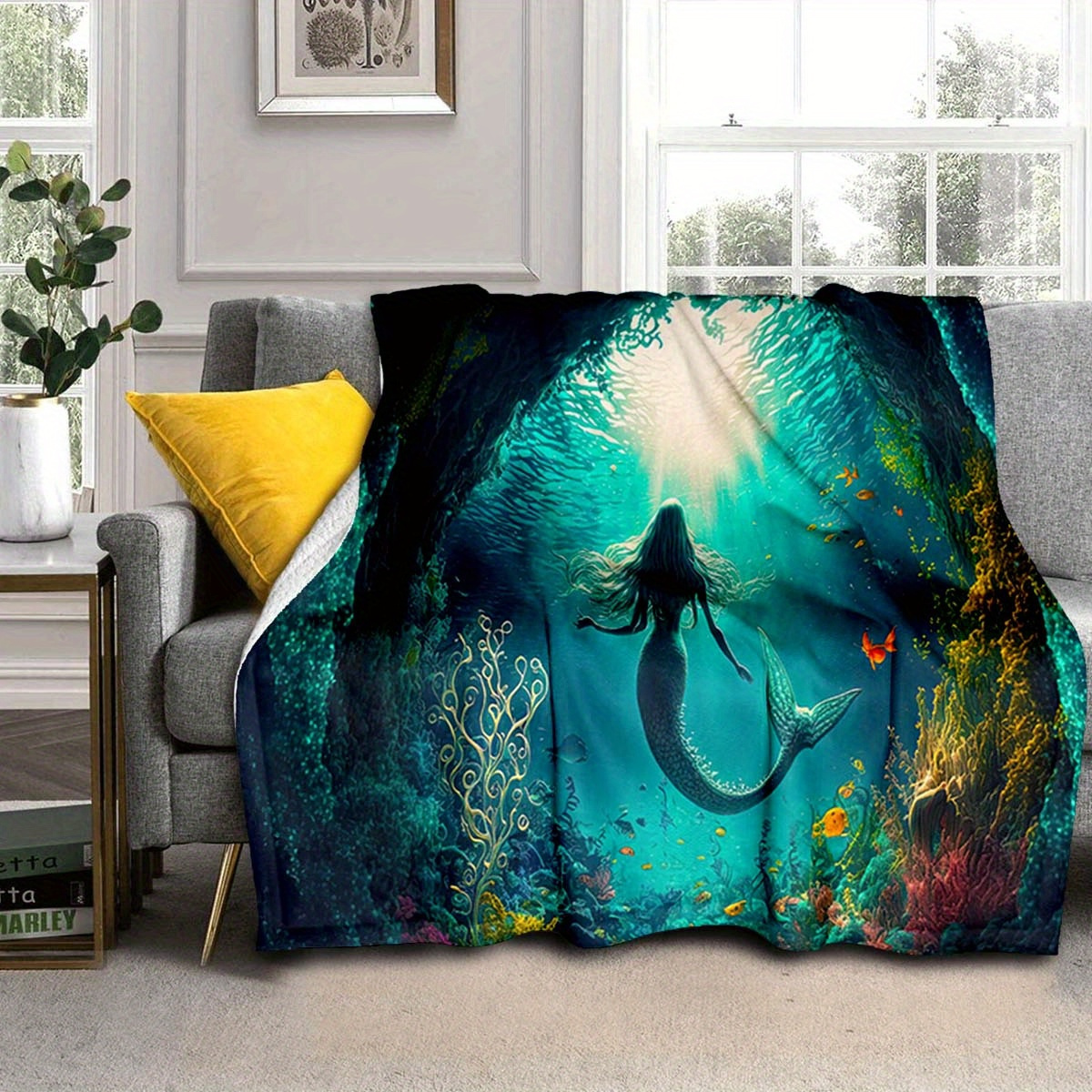 

1pc Soft Polyester Mermaid Print Throw Blanket - Cozy Warm 3d Pattern Nap Blanket For Home, Office, Car, Camping, Travel - Multi-purpose All-season Gift Blanket