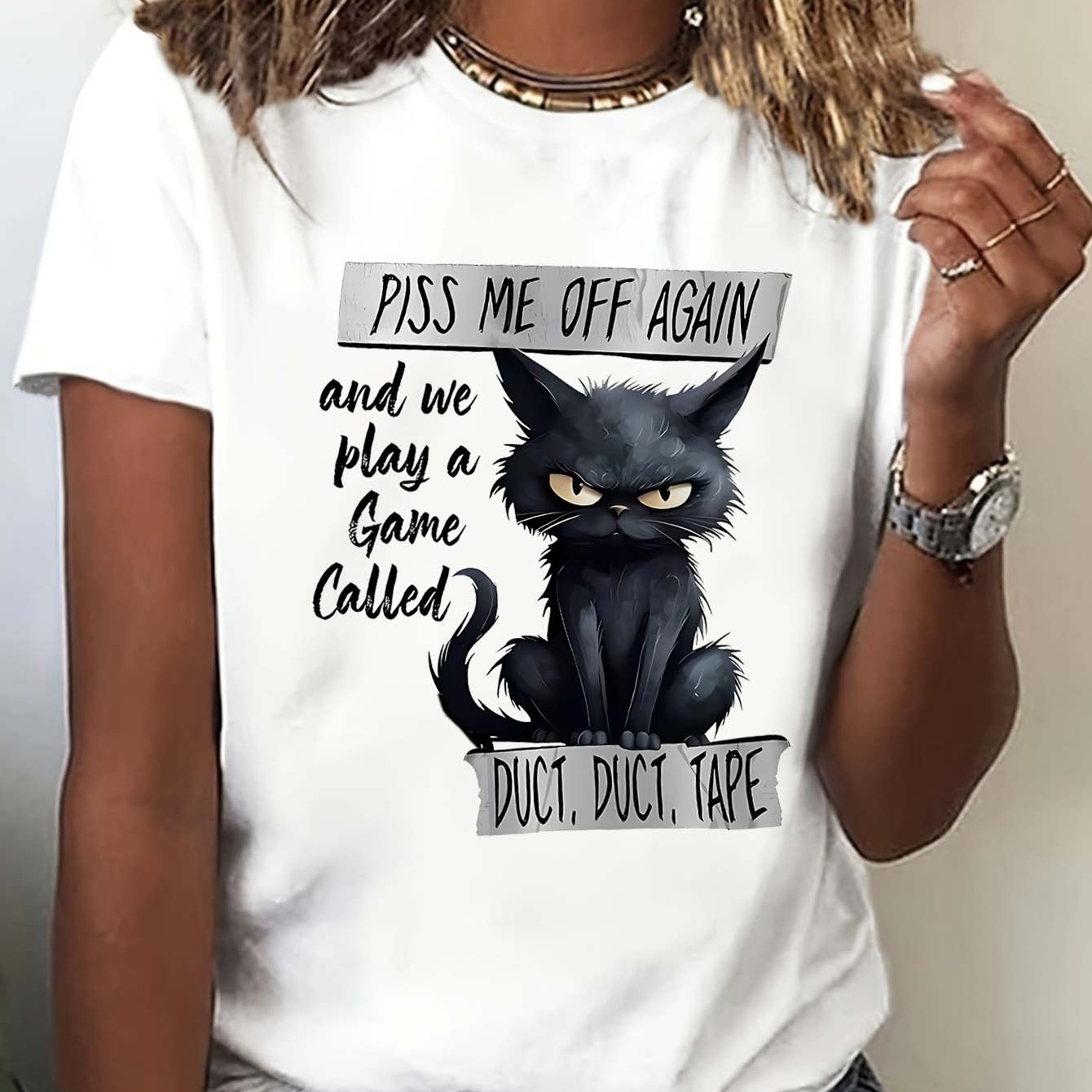 

Gothic Cat & Letter Graphic Casual T-shirt, Round Neck Short Sleeves Comfy Tops, Women's Versatile Tee