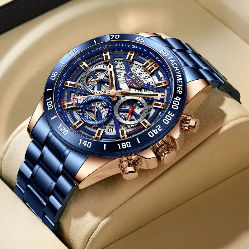 

Lige Waterproof Watch For Men Top Brand Luxury Men Watch Fashion Business Sports Quartz Chronograph Wristwatches Hollowed Out Chronograph Watch