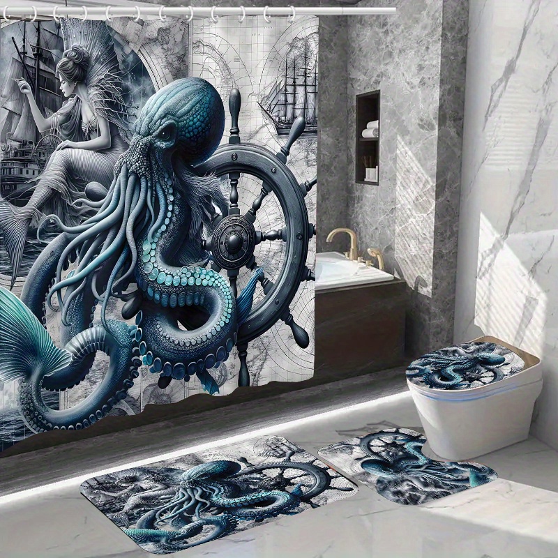 

Water-resistant Octopus Nautical Shower Curtain Set With Non-slip Mats, Toilet Seat Cover, Polyester Fabric, Fashion Animal Theme, Includes 12 Hooks, Dry Clean Only - 1pc/4pcs Set