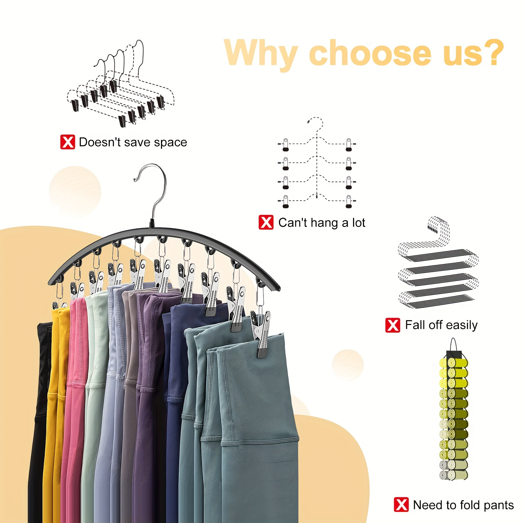 stainless steel pants hanger with 10 clips space saving multi purpose closet organizer for trousers jeans leggings 1pc   curved design with non slip rubber coating details 2