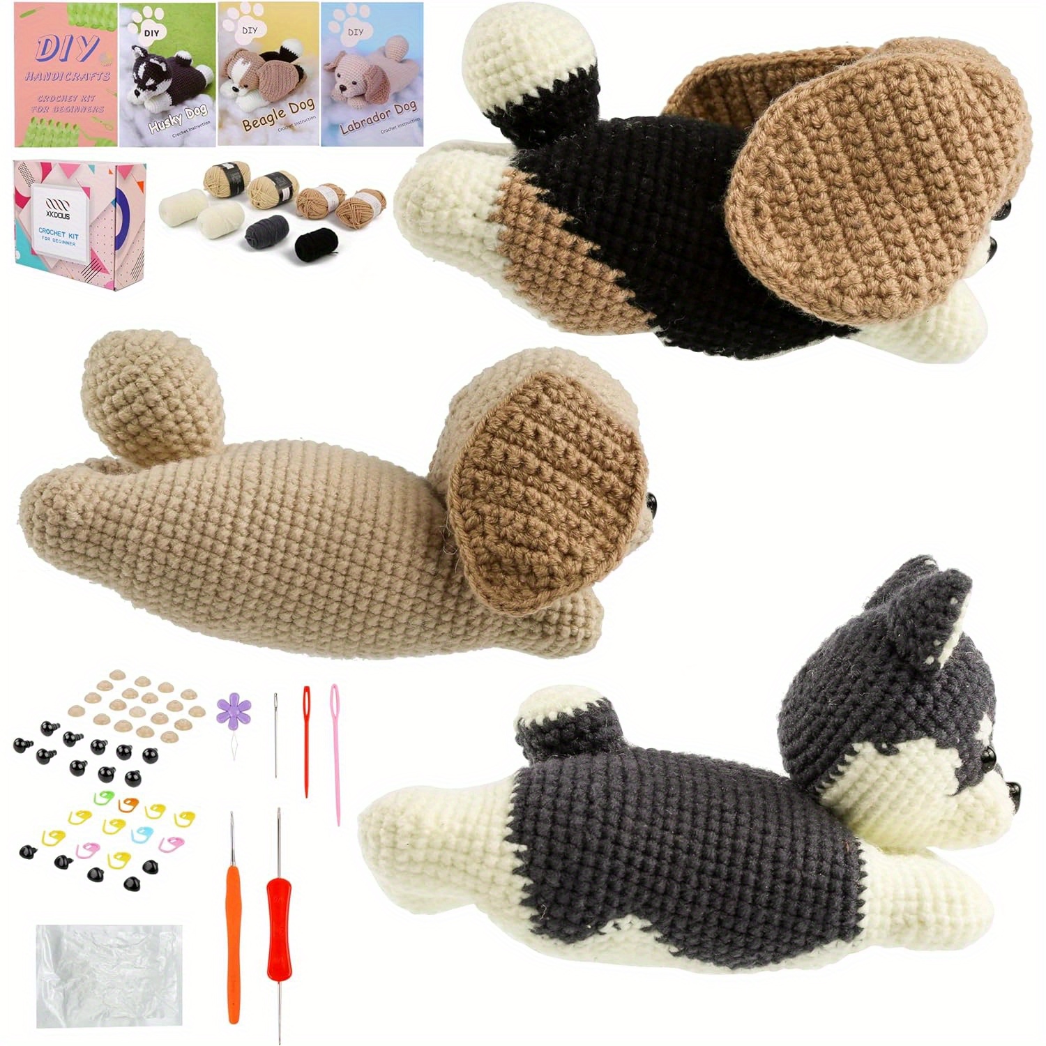 

Crochet Kit For Beginners With Detailed Illustrated Guide And Step-by-step Video Tutorial - Adult Learning Crochet Animal Kit (3 Dogs)