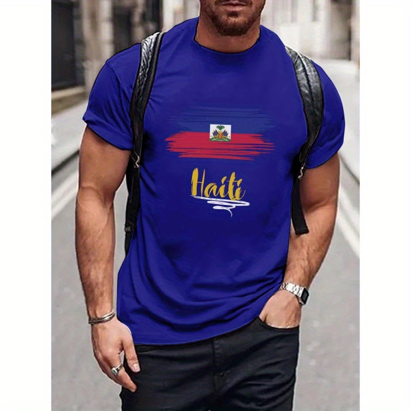 

Haiti Flag Illustration Print Tee Shirt, Tees For Men, Casual Short Sleeve T-shirt For Summer