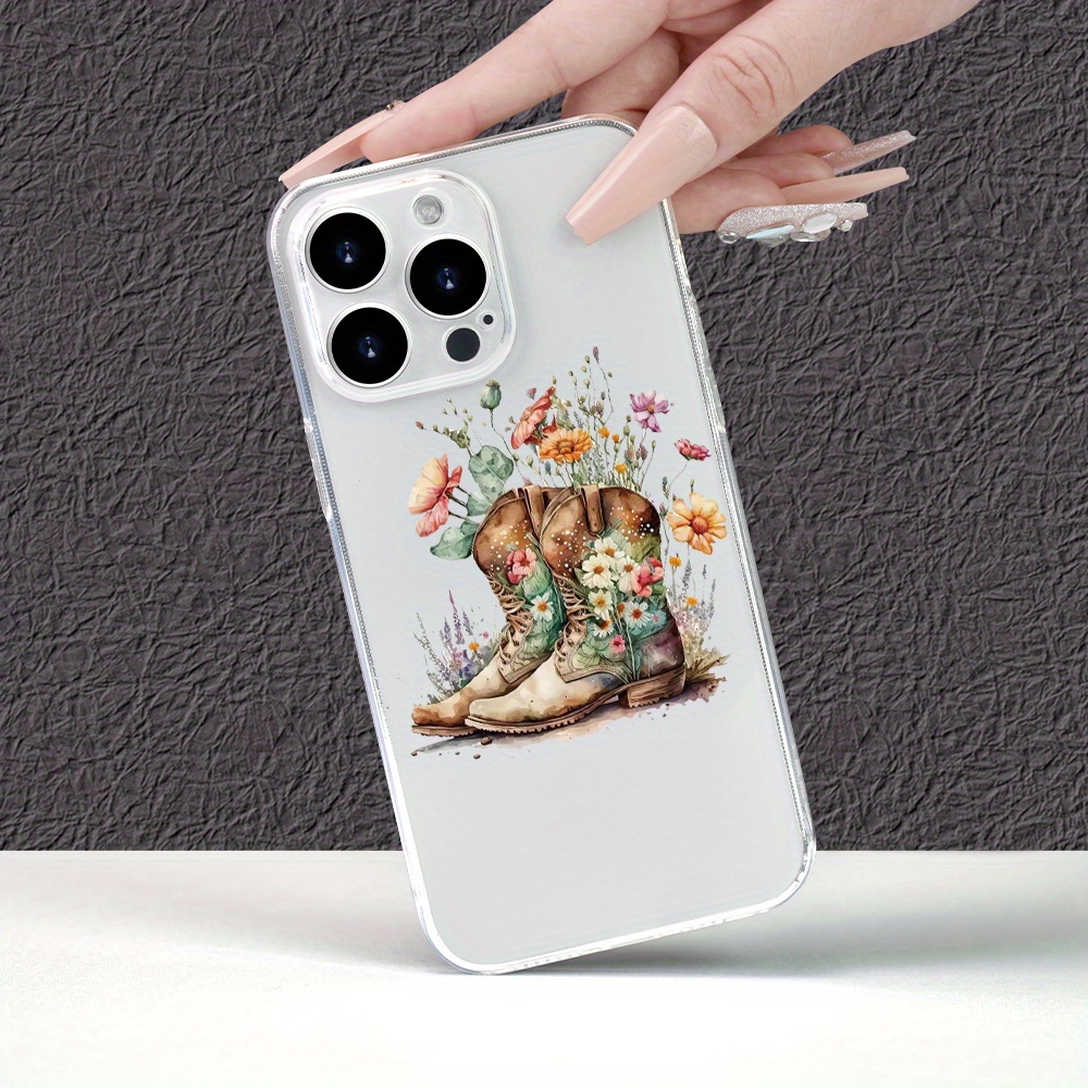 

Cowboy Boot Floral Design Transparent Tpu Phone Case With Camera Protection For 15/14/13/12/11/xs/xr/x/7/8/plus/pro/max/mini