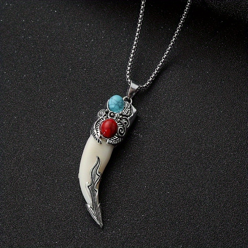 

Bohemian Wolf Tooth Pendant Necklace - Vintage Turquoise Inlay, Creative Female Gift