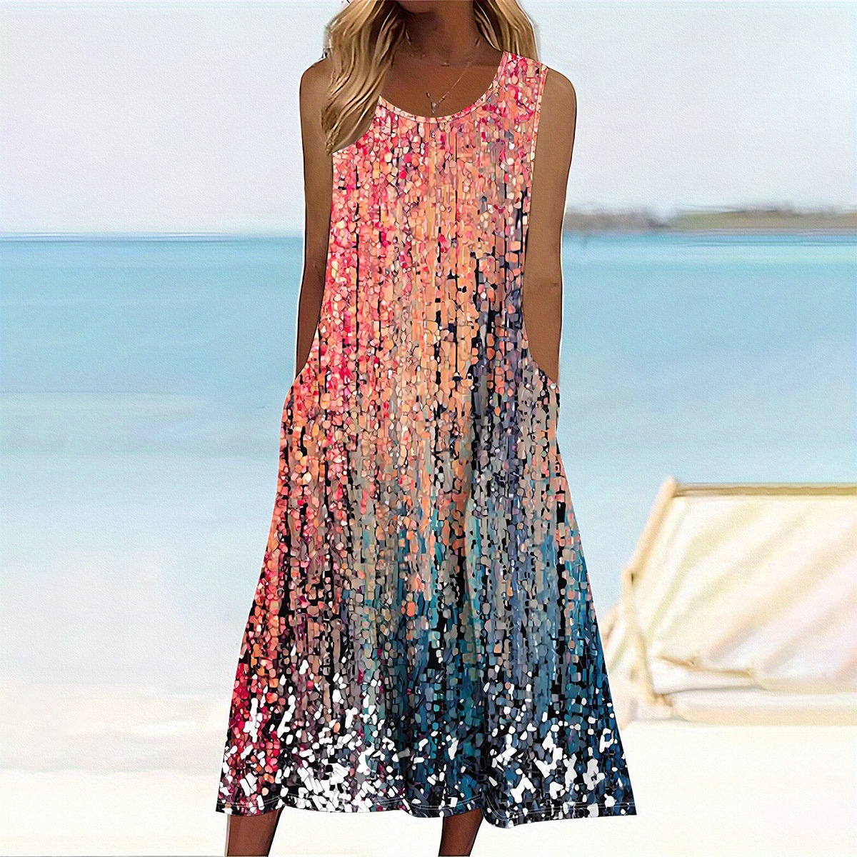 

Plus Size Print Dress, Casual Sleeveless Crew Neck Dress For , Women's Plus Size Clothing